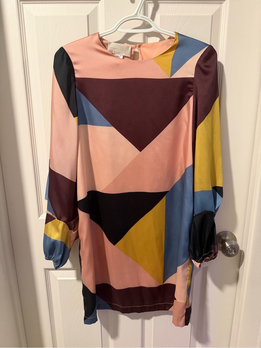 Geometric Colorblock Long Sleeve Shift Dress - Pink
